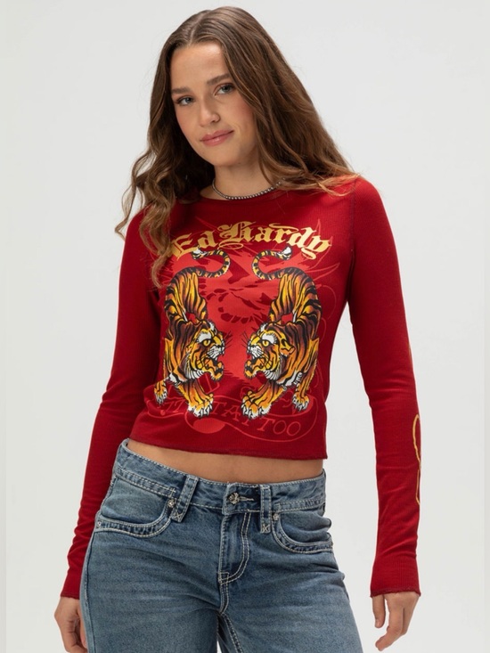 Ed Hardy Tops - Women’s Ed Hardy Crawling Tiger Thermal Top Long Sleeve Tee - Wine - Size Large